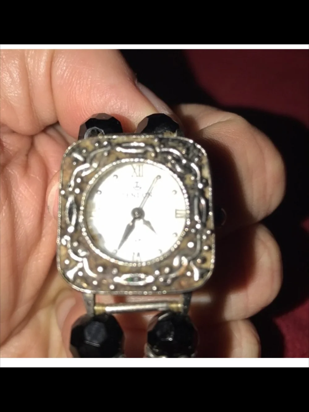 Vintage Senlon Women's Black Beaded Bracelet Watch with Ornate Silver-Tone Case